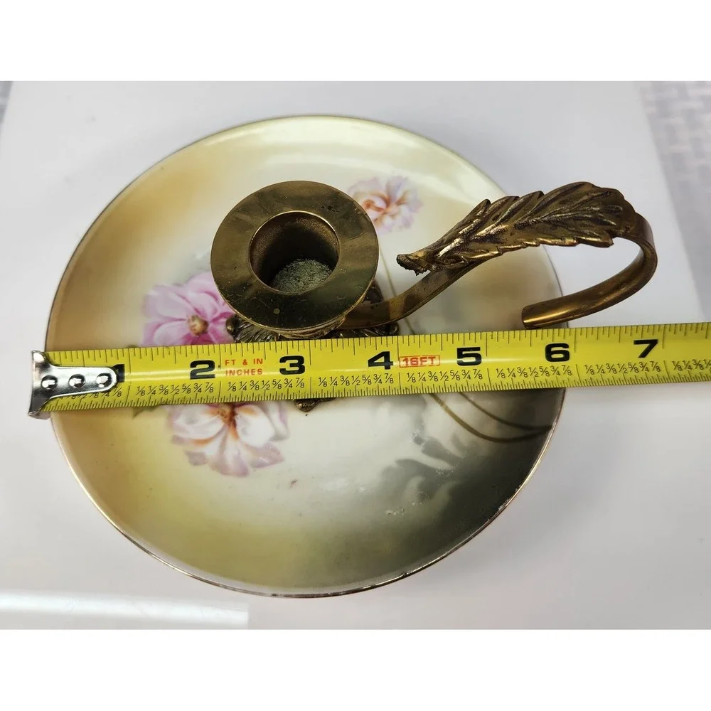 Vintage Brass & Bone China Chamberstick w/Finger Loop & Drip Tray
